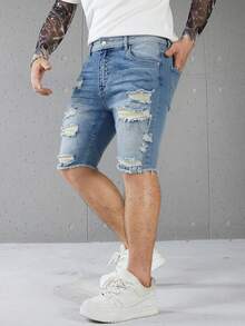 Manfinity LEGND Men's Casual Washed Distressed Denim Shorts - Blue - View 3