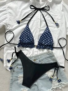 Bonvoyette 波点印花荷叶边挂脖系带比基尼套装 - 彩色 - 查看 7