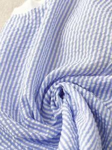 GlowEve CURVE Plus Size Women's Light Blue Striped 2 Pieces Set,Cute Summer Picnic Sleeveless Square Neck Lace Trim Blouse & Loose Cooling Shorts Casual Outfits - Blue - View 5