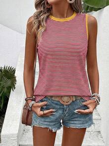Selamara Women's Casual Round Neck Sleeveless Contrast Trim Striped Print Pattern Tank Top - Multicolor - View 3