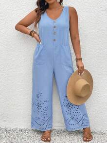 EMERY ROSE Plus Size Women's Summer Casual Vacation Daily Commute Hollow Out Embroidery Sleeveless Wide Leg Jumpsuit (Excluding T-Shirt) - Blue - View 4