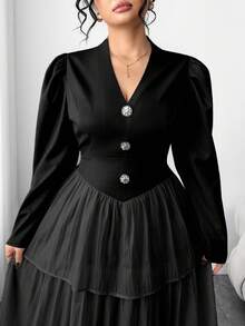 SHEIN Elenzya Plus Size V-Neck Button Waist Cinched Long Sleeve Mesh Layered Dress For Women Work Outfits Set Modest Outfits For Women - Black - View 6