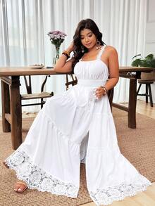 EMERY ROSE 大码女士优雅蕾丝拼接腰部A字吊带连衣裙，夏季 - 白色 - 查看 8