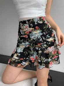 Celisse Spring/Summer New Printed Pleated Double Ruffle Hem Floral Elegant Women Skirt - Multicolor - View 1