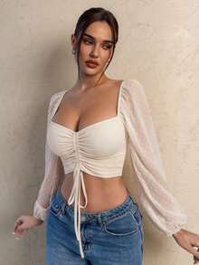 SHEIN Glamour 女士休闲优雅纯色灯笼袖抽绳短款上衣，褶皱设计，透视长袖短款衬衫，女装，春夏服装，可爱女式上衣，机场时尚，旅行机场，机场，机场穿搭。收腰系带衬衫 - 杏色 - 查看 4