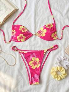 Swim Mod 两件套女士时尚可爱性感沙滩装，适合度假、海滩、泳池、派对等场合。包含一件饰有花朵和珍珠的吊带露背短款上衣和一条比基尼泳裤。 - 彩色 - 查看 4