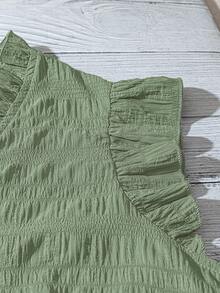 Linhara Plus Size Women's Solid Color Textured V-Neck Ruffle Trim Petal Sleeve Fitted Casual Regular Blouse - Green - View 3