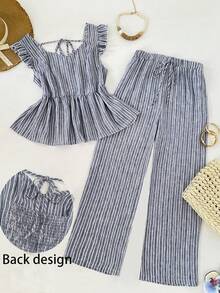 GlowEve CURVE Plus Size Women's Blue And White Linen Striped 2 Pieces Set,Cinched Waist Flutter Sleeve Blouse&Straight Leg Pants,Summer Vacation Smart Casual Co Ords - Blue and White - View 8