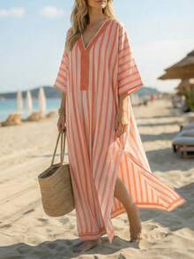 EMERY ROSE Fashionable Loose Casual Printed V-Neck Striped Blended Fabric Vacation Travel Robe For Women - Multicolor - View 5