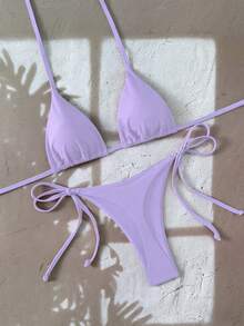 Swim SXY 女款純色掛脖綁帶露背丁字褲比基尼套裝 2 件組 聚攏泳衣 夏季海灘度假用 藍色 - 紫色 - 查看 7