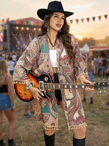 SHEIN LUNE 大码女式西部波西米亚风流苏佩斯利印花和服 - 彩色 - 查看 9