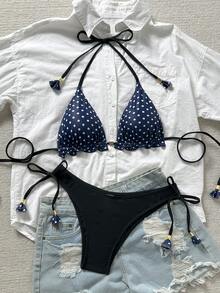 Bonvoyette 波点印花荷叶边挂脖系带比基尼套装 - 彩色 - 查看 6