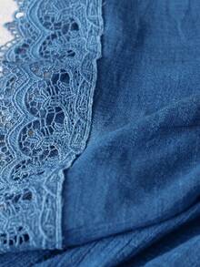 EMERY ROSE Plus Size Casual Solid Color Lace Patchwork Shirt - Blue - View 3