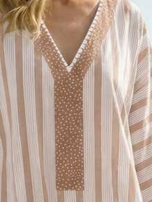 Balvessa 时尚宽松休闲印花V领条纹混纺面料女士度假旅行睡袍 - 彩色 - 查看 3