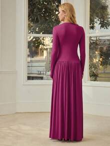 MOTF PREMIUM DEEP V-NECK LACE PATCHWORK CINCHED WAIST COMFORTABLE LONG SLEEVE DRESS FOR WOMEN, SPRING/SUMMER - Hot Pink - View 3