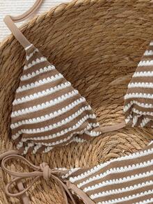 Swim Vcay 2026 Spring/Summer Crochet Fabric Spaghetti Strap Halter Backless Tie-Side High Cut Bikini Two Pieces Swimsuit For Women - Brown - View 3