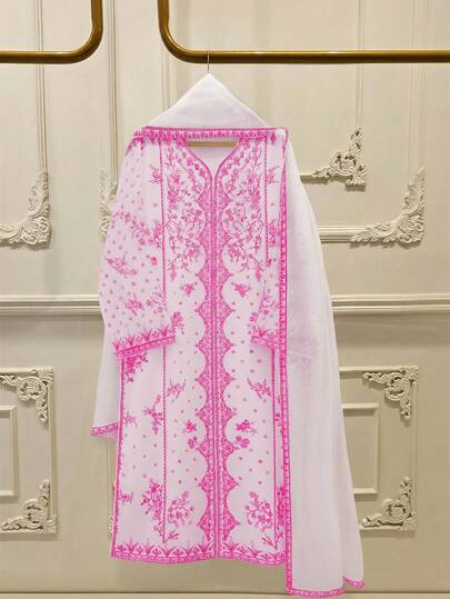 GlowEve White Base Blue Floral Print Long Sleeve Loose Dress With Cover Up Set For Women