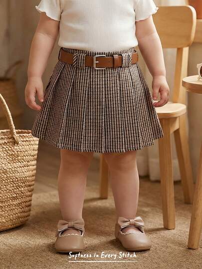 Cozy Pixies Baby Girl Plaid Fabric Pleated Skirt With Belt, Casual Versatile