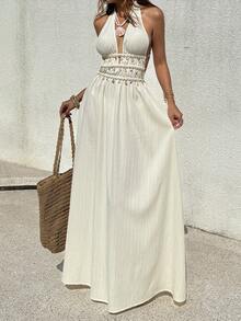 Sunnyshic Women's Pleated Texture Deep V-Neck Halter Tie-Waist Flounce Hem Shell Bead Tassel Trim A-Line Maxi Dress, Women's Spring/Summer Vacation Beach Boho Minimalist Elegant Casual Versatile - Apricot - View 5