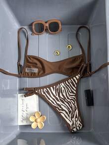 Swim Vcay 女士泳衣，双面棕色斑马纹超迷你比基尼抹胸上衣，时尚休闲度假性感甜美优雅两件式泳装 - 棕色 - 查看 5