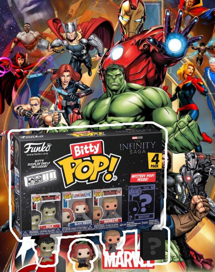 Bộ sưu tập Funko Bitty Pop Marvel The Infinity Saga gồm 4 mô hình mini bằng nhựa vinyl, kèm giá trưng bày xếp chồng và một mô hình bí ẩn: Hulk, Black Widow và Hawkeye. - Nhiều màu - Xem 1