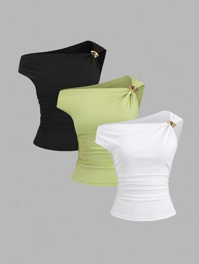 Sweetra Áo tank top nữ thanh lịch kiểu Pháp lãng mạn, thiết kế bất đối xứng, cài khuy kim loại, ôm sát cơ thể, đa năng, phù hợp cho công sở và đi làm.