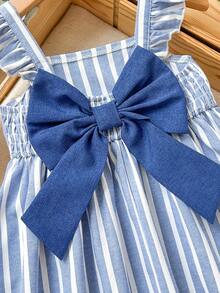 Cozy Pixies Vestido de niña con bloqueo de color, decoración de lazo, cuello redondo, manga corta y cintura ceñida - Multicolor - Ver 4
