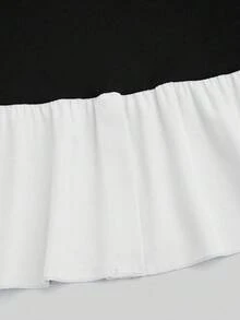 SHEIN Clasi 大码女式纯色撞色拼接翻领短袖修身优雅日常二合一衬衫T恤+宽松休闲百搭裤套装 - 黑與白 - 查看 6