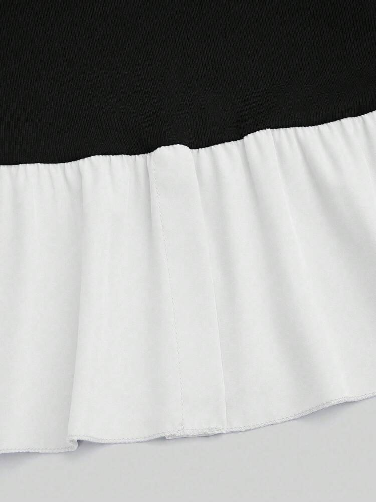 SHEIN Clasi 大码女式纯色撞色拼接翻领短袖修身优雅日常二合一衬衫T恤+宽松休闲百搭裤套装 - 黑與白 - 查看 6