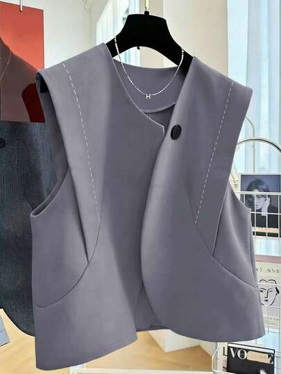 GlowEve Sleeveless Round Neck Single-Breasted Topstitching Decor Short Women Suit Vest Grey Tops Vests Women S Work Tops Sleeveless Shirts Women S Vest