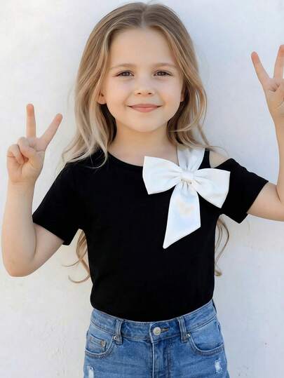 SHEIN Young Girl Summer Casual Commute Contrast Color Bow Decor Cold Shoulder Short Sleeve Black T-Shirt