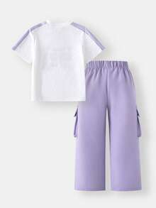 SHEIN Casuvi Kids 2件套女童休闲圆领宽松撞色复古美式字母可爱甜美短袖T恤+浅蓝色工装裤，夏季时尚套装，适合居家、旅行、运动、户外、日常穿着 - 淡紫色 - 查看 2