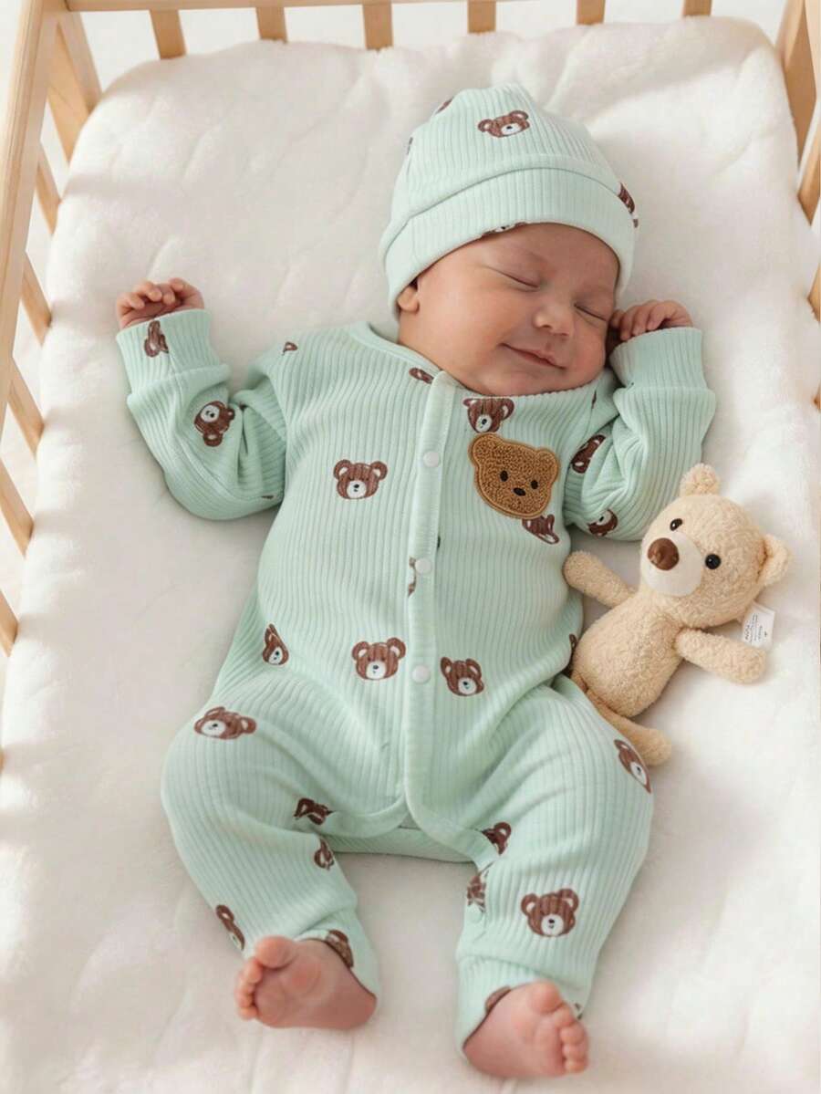 SHEIN Vintaside Kids 新生儿米色小熊图案长袖连体衣带帽子套装