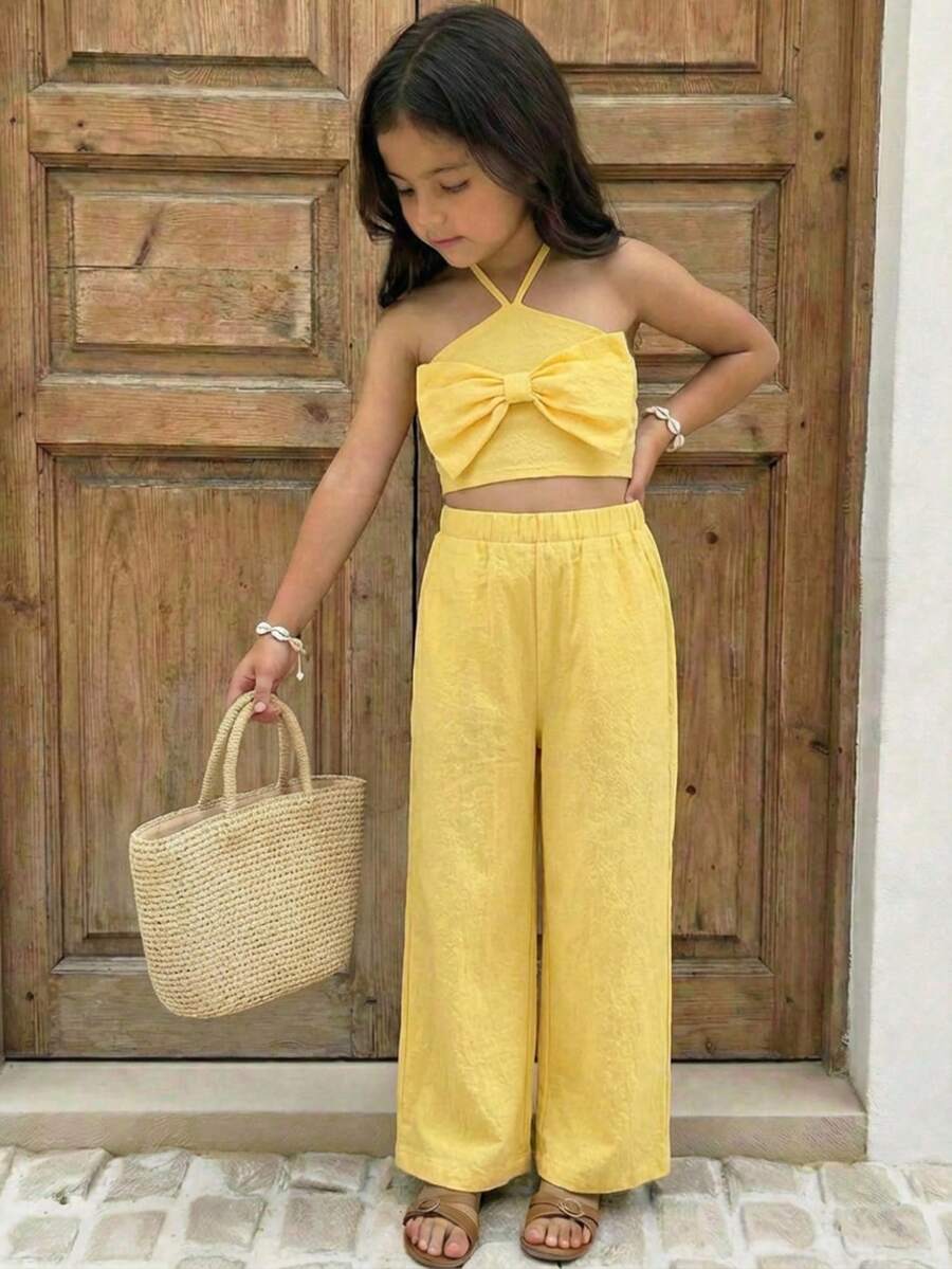 Emery Rose Kids Emery Rose Kids Bộ 2 món đồ cho bé gái: áo không tay và quần legging màu trơn dệt kim, trang trí nơ, kiểu dáng thường ngày. - Màu vàng - Xem 1