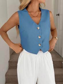 Easowa V领纽扣不对称下摆无袖衬衫，休闲度假优雅街头风女装，春夏复古富贵风 - 藍色 - 查看 6