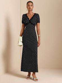 SHEIN Veneréa Women's Polka Dot Print Lace Trim French Style Vacation Dress - Black - View 4