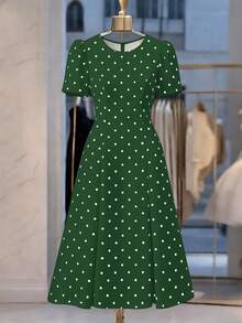 GlowEve CURVE Große Größen Retro elegantes Polka Dot Muster Puffärmel Luxusgefühl Kleid - Grün - Übersicht 1