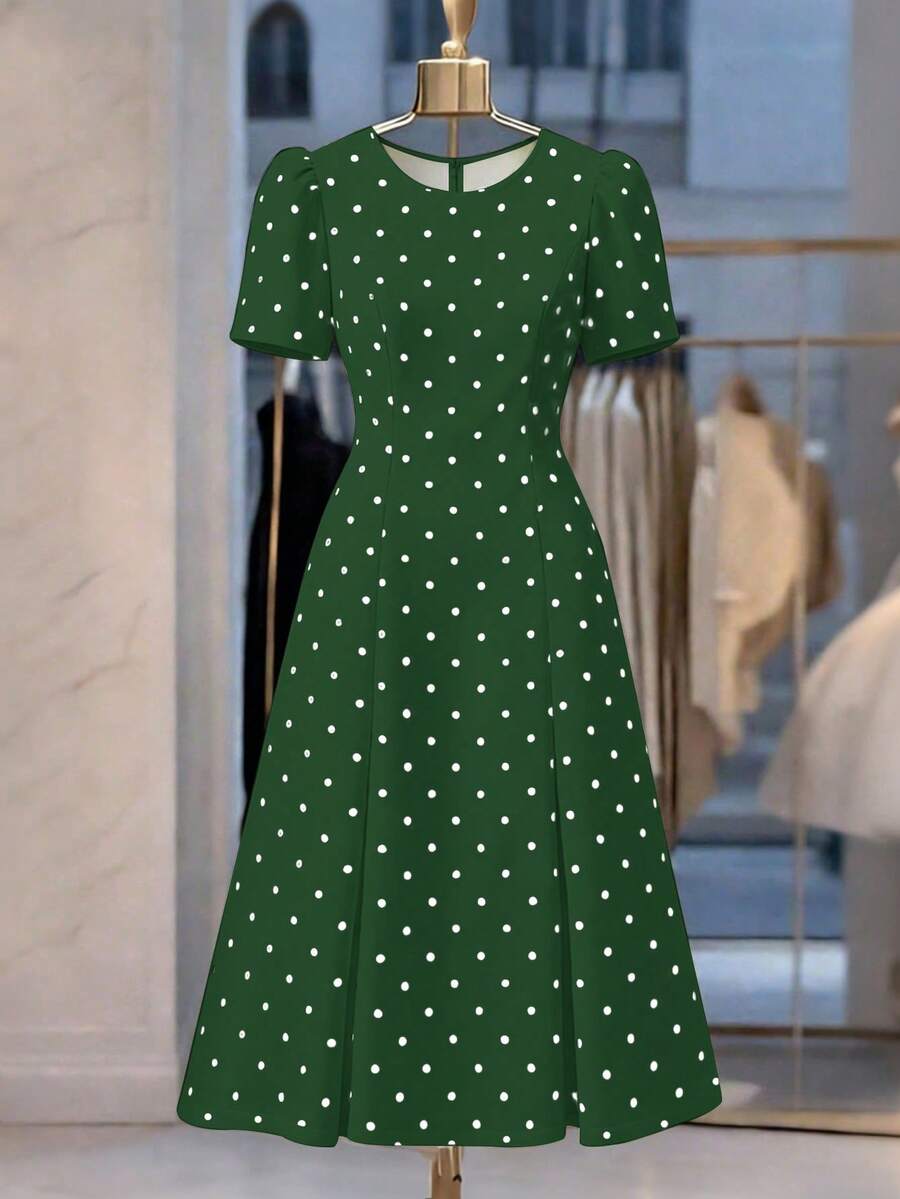 GlowEve CURVE Große Größen Retro elegantes Polka Dot Muster Puffärmel Luxusgefühl Kleid - Grün - Übersicht 1