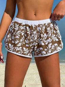 SHEIN Swim Vcay 休闲百搭成熟运动度假随机热带植物芙蓉花卉轮廓印花撞色女式沙滩短裤 - 彩色 - 查看 3
