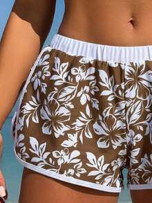 SHEIN Swim Vcay 休闲百搭成熟运动度假随机热带植物芙蓉花卉轮廓印花撞色女式沙滩短裤 - 彩色 - 查看 5