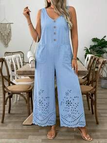 EMERY ROSE Plus Size Women's Summer Casual Vacation Daily Commute Hollow Out Embroidery Sleeveless Wide Leg Jumpsuit (Excluding T-Shirt) - Blue - View 3