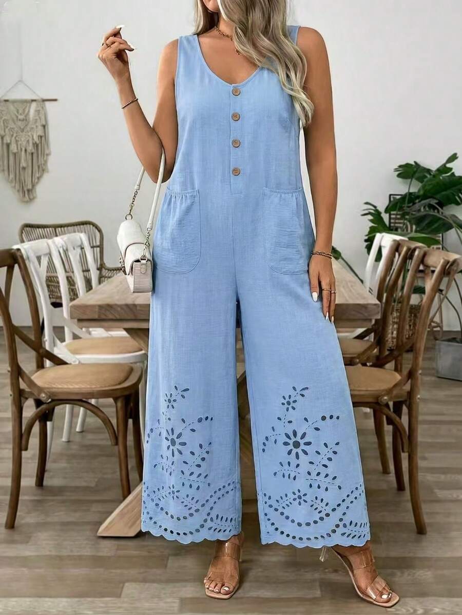 EMERY ROSE 大码女式夏季休闲度假日常通勤镂空刺绣无袖阔腿连体裤（不含T恤） - 藍色 - 查看 1