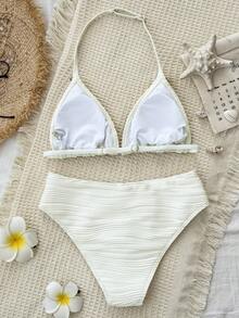 SHEIN Teen Girl Bohemian Wave Shell Trim Spaghetti Strap Bikini Top And Bottom Bikini Set Set, Summer Vacation, Suitable For Teenage Bohemian Style Shell Bikini Set Set, Teenage Swimwear, Shell Swimwear, Conservative Swimwear, Girls 2-Piece Summer Beach Outfit - Apricot - View 2
