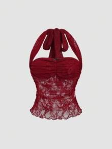 SHEIN Sweetro 新款春夏欧美性感可爱Y2K蕾丝修身浪漫吊带休闲/约会/度假酒红色女式背心 - 酒紅色 - 查看 3
