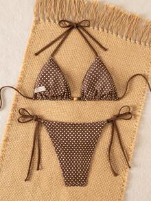 Swim Mod Women's Sweet & Bikini Swimwear,Brown Polka Dot,Pearl Decor,Side Tie Shorts,Double-Sided Fabric,Summer,Casual,Beach,Vacation,Holiday,Party,Pool - Multicolor - View 2