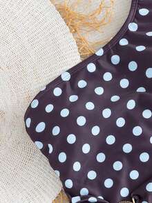 Bonvoyette Swim Chiccia 新款女士复古 Y2K 风优雅时尚永恒海滩度假风连体泳衣，藏蓝色底色搭配浅蓝色波点印花，单肩设计，腰部褶皱，高开衩腿部，贝壳扣装饰 - 收腹塑形 - 顺滑弹力速干面料 - 适合夏季海滩度假、泳池派对、音乐节、母亲节/婚礼、春假等场合穿着 - 棕色 - 查看 9