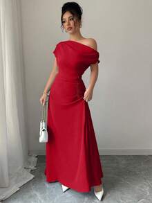 Elenzga Women's Solid Color Ruched Asymmetric Waist Elegant Long Dress For Party - Red - View 5