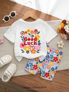 Cozy Pixies Baby Girl Cartoon Floral Print Soft Knit 2-Piece Set,Short Sleeve Round Neck Top & Elastic Waist Shorts,Blue Summer Casual Vacation Clothes Sets - Multicolor - View 3