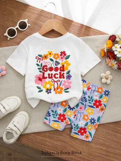 Cozy Pixies 女婴卡通动物印花柔软针织圆领短袖上衣和松紧腰短裤两件套