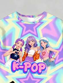 两件套休闲可爱紫色女童套装，包含短袖T恤和紧身打底裤，紫色打底裤饰有彩色星星印花，适合4-7岁女孩春夏穿着。活力四射的紫色星星女童数码印花T恤，不仅穿着舒适，而且柔软亲肤，简约时尚，让孩子们在春夏成为焦点。 - 彩色 - 查看 5